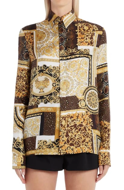 Shop Versace Patchwork Barocco Button-up Silk Blouse In 5n030 Gold Brown White