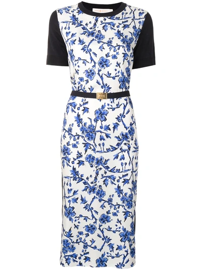 Tory Burch Greer Floral Print Silk & Wool Belted Dress In Blue | ModeSens