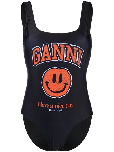Shop Ganni Logo Smiley-print Swimsuit In Black