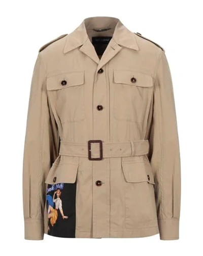 Shop Dolce & Gabbana Man Overcoat & Trench Coat Beige Size 40 Cotton, Elastane, Goat Skin, Zama, Polyeste