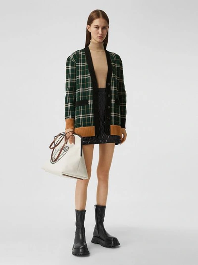 Shop Burberry Check Technical Wool Jacquard Cardigan In Bottle Green