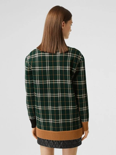 Shop Burberry Check Technical Wool Jacquard Cardigan In Bottle Green