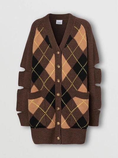 Shop Burberry Cut-out Detail Argyle Intarsia Wool Cashmere Cardigan In Dark Khaki
