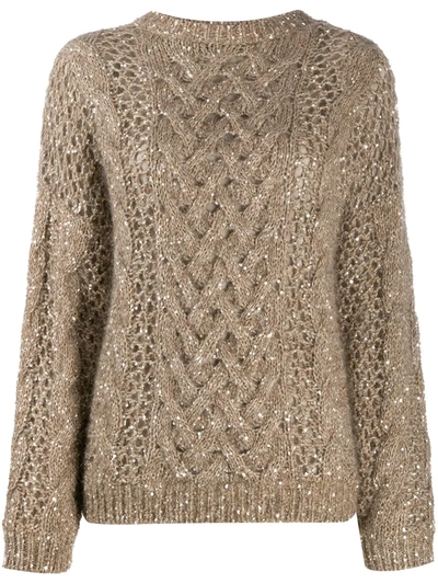 Shop Brunello Cucinelli Sequin-embellished Cable Knit Sweater In Neutrals