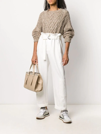 Shop Brunello Cucinelli Sequin-embellished Cable Knit Sweater In Neutrals