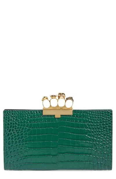 Shop Alexander Mcqueen Four-ring Knuckle Clasp Croc Embossed Leather Clutch In Emerald