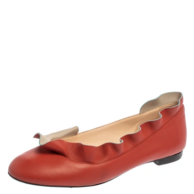 Pre-owned Fendi Red Leather Ruffle Trim Ballet Flats Size 39