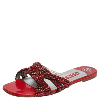 Pre-owned Gina Red Leather Crystal Embellished Slide Flats Size 38.5