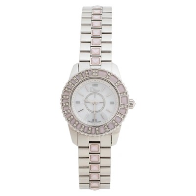 Pre-owned Dior Mother Of Pearl Stainless Steel Diamond Christal Cd112111m001 Women's Wristwatch 28 Mm In Silver