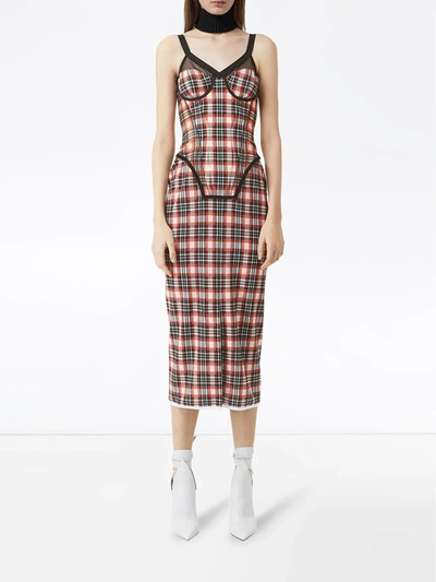 Shop Burberry Check Pattern Corset Dress In Bright Red Check