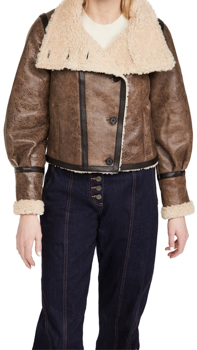 Shop Veronica Beard Selita Shearling Jacket In Brown/ivory