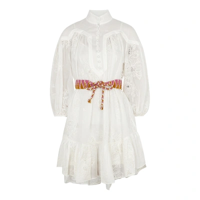 Shop Zimmermann Riders Ivory Embroidered Ramie Mini Dress