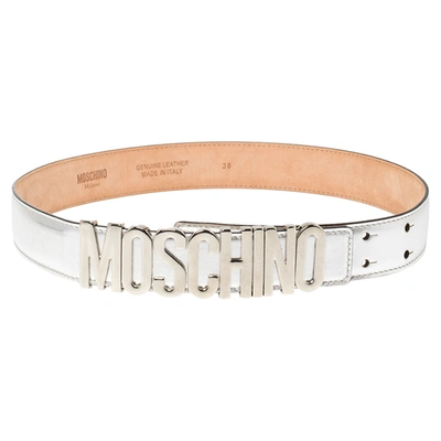 Pre-owned Moschino Metallic Silver Leather Logo Buckle Belt 85 Cm