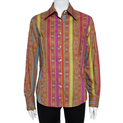 Pre-owned Etro Orange Cotton Floral Striped Button Front Shirt L