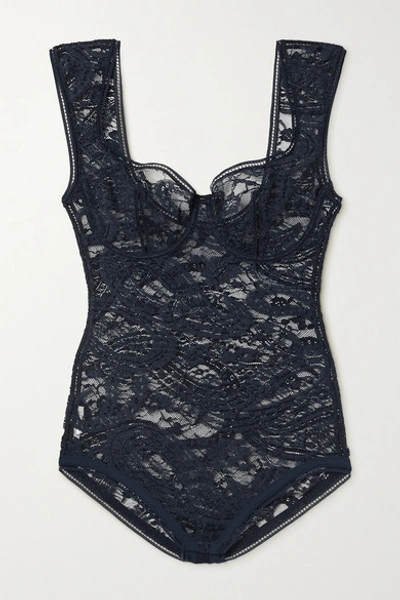 Shop Eres Vetiver Stretch-lace Underwired Bodysuit In Blue