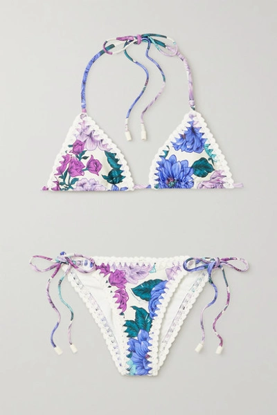 Shop Zimmermann Poppy Crochet-trimmed Floral-print Triangle Halterneck Bikini In Lilac