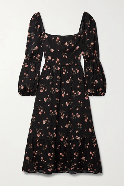 Shop Reformation + Net Sustain Mica Shirred Floral-print Crepe De Chine Midi Dress In Black
