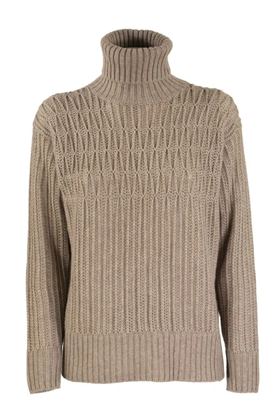 Shop Agnona Cashmere Turtleneck Sweater Mixed Points In Beige