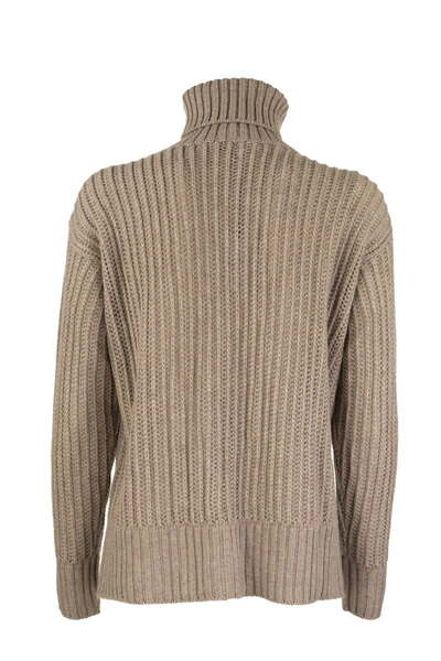 Shop Agnona Cashmere Turtleneck Sweater Mixed Points In Beige