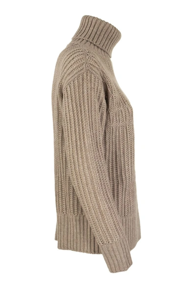 Shop Agnona Cashmere Turtleneck Sweater Mixed Points In Beige