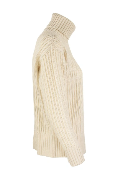 Shop Agnona Cashmere Turtleneck Sweater Mixed Points In Ivory