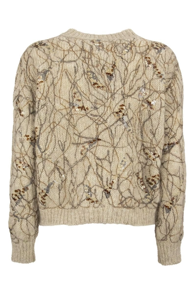 Shop Brunello Cucinelli Crewneck Sweater Mohair Sweater With Dazzling Ramage Embroidery In Beige