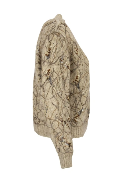 Shop Brunello Cucinelli Crewneck Sweater Mohair Sweater With Dazzling Ramage Embroidery In Beige