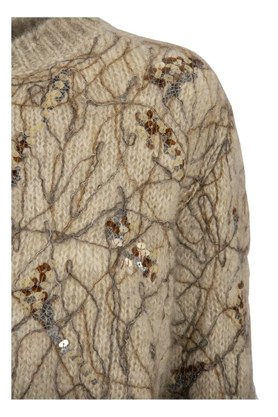 Shop Brunello Cucinelli Crewneck Sweater Mohair Sweater With Dazzling Ramage Embroidery In Beige