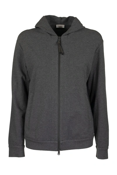 Shop Brunello Cucinelli Lightweight Stretch Cotton French Terry Sweatshirt With Monili In Anthracite