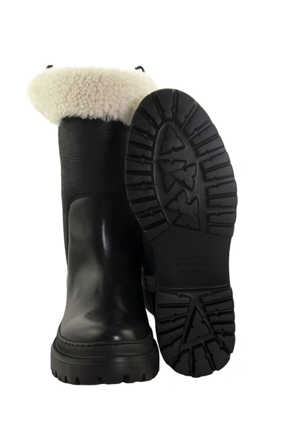 Shop Brunello Cucinelli Shearling Boots Matte Calfskin With Precious Band In Black