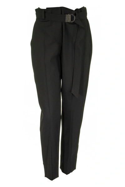 Shop Brunello Cucinelli Tropical Luxury Wool Boy Fit Cigarette Trousers With Precious D-ring Belt In Black