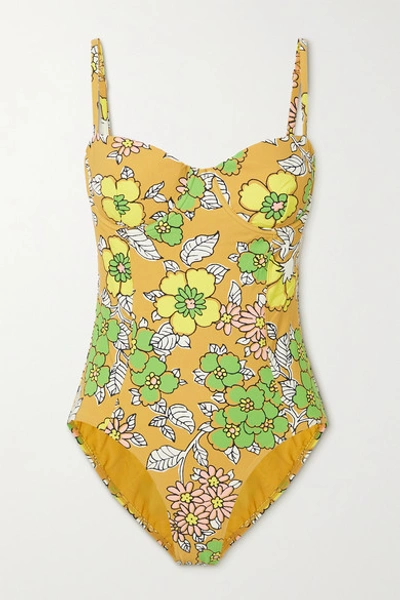 Shop Tory Burch Floral-print Underwired Swimsuit In Yellow