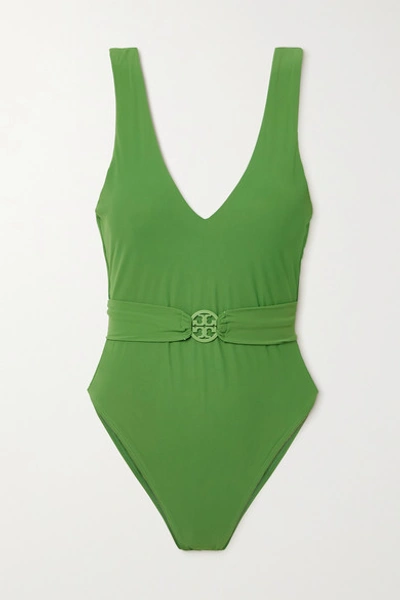 Shop Tory Burch Miller Belted Swimsuit In Green