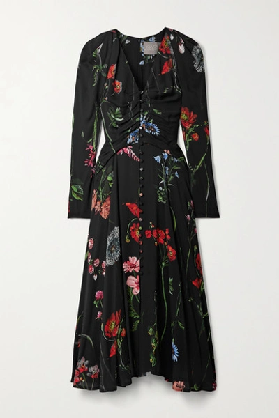 Shop Lela Rose Ruched Floral-print Crepe Midi Dress In Black