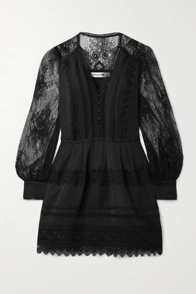 Shop Self-portrait Crochet-trimmed Crepe De Chine And Corded Lace Mini Dress In Black