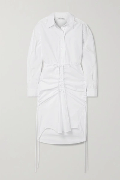 Shop Christopher Esber Cummerbund Lace-trimmed Ruched Cotton-poplin Shirt Dress In White