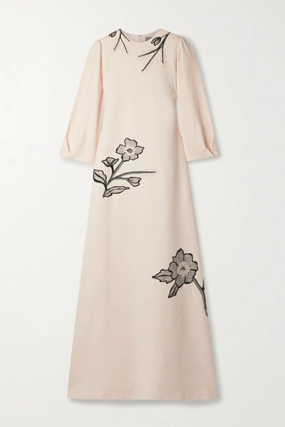 Shop Lela Rose Appliquéd Wool-blend Crepe Gown In Cream
