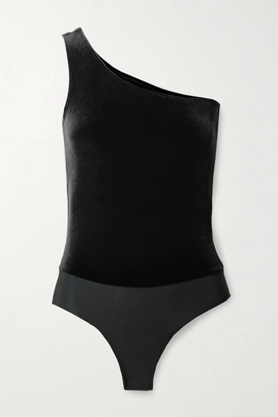 Shop Commando One-shoulder Velvet And Stretch-jersey Thong Bodysuit In Black
