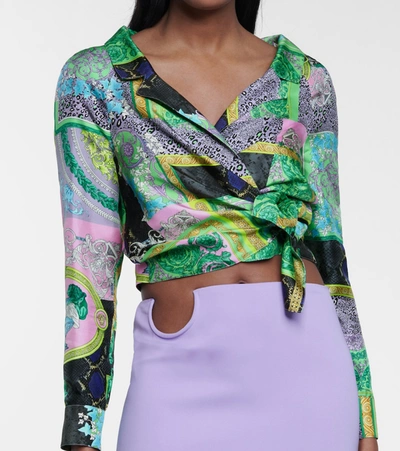 Shop Versace Barocco Printed Silk Wrap Top In Multicoloured