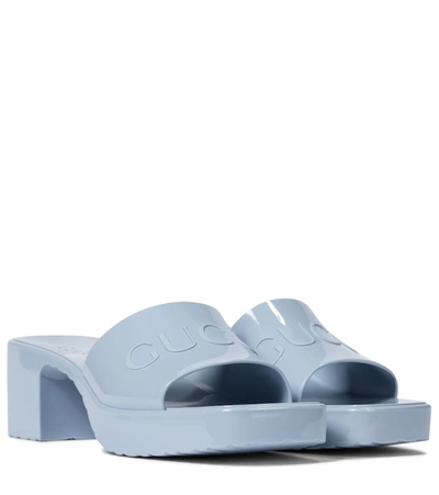 Shop Gucci Logo Rubber Platform Sandals In Blue
