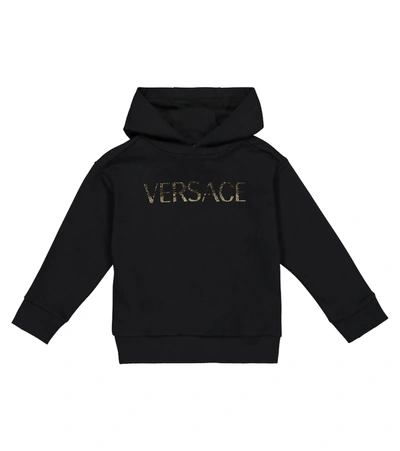 Shop Versace Embellished Logo Cotton Hoodie In Black