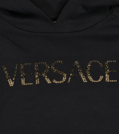 Shop Versace Embellished Logo Cotton Hoodie In Black