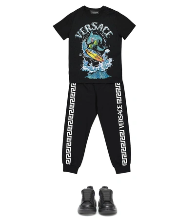 Shop Versace Surfing Shark Cotton T-shirt In Black