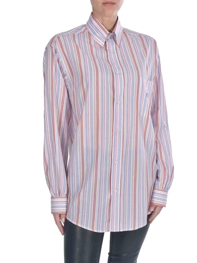 Shop Etro Striped Shirt In Pink And Blue With Pegaso Logo