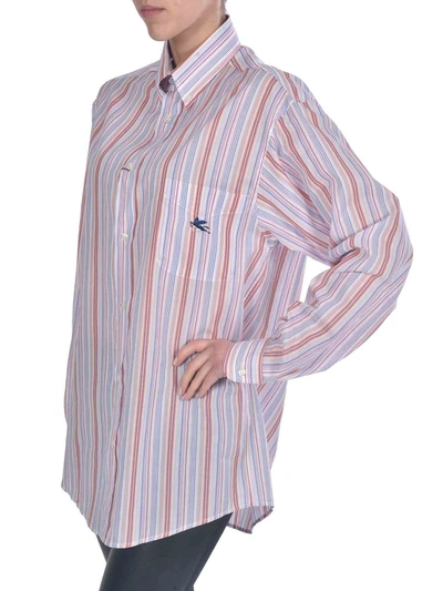 Shop Etro Striped Shirt In Pink And Blue With Pegaso Logo