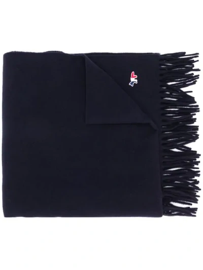 Shop Maison Kitsuné Embroidered-logo Wool Scarf In Blue