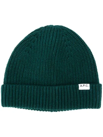 Shop Apc Ribbed-knit Logo Beanie In Green