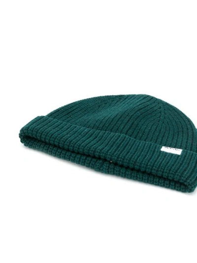 Shop Apc Ribbed-knit Logo Beanie In Green