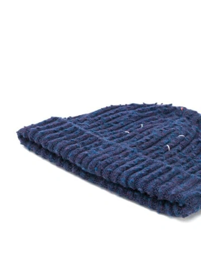 Shop Maison Margiela Four-stitch Ribbed-knit Beanie In Blue