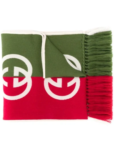 Shop Gucci Gg Print Two-toned Scarf In Green